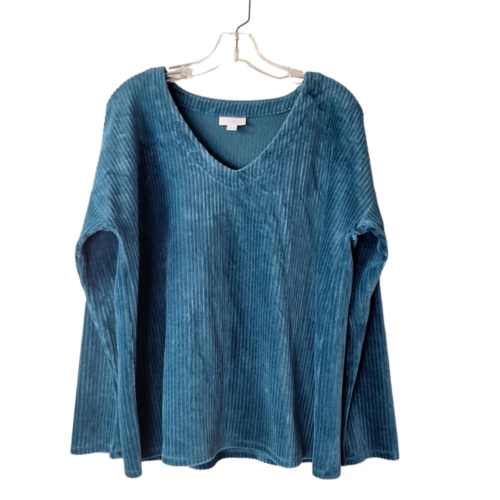 J.Jill Medium Rich Teal Cotton Blend V-Neck Long Sleeve‎ Ribbed Velvet Top